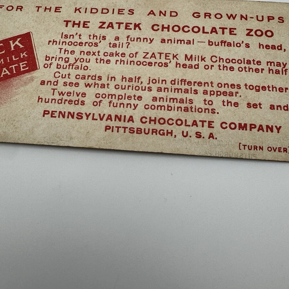 Pennsylvania Chocolate Company ZATEK Advertising Trade Card BUFFCEROS Antique